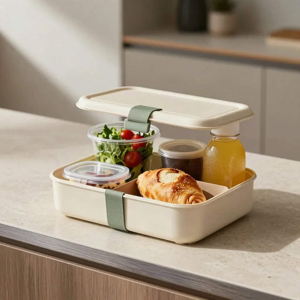 Box pranzo ufficio con panzerotto, insalata, succo e dolce su banco di pietra