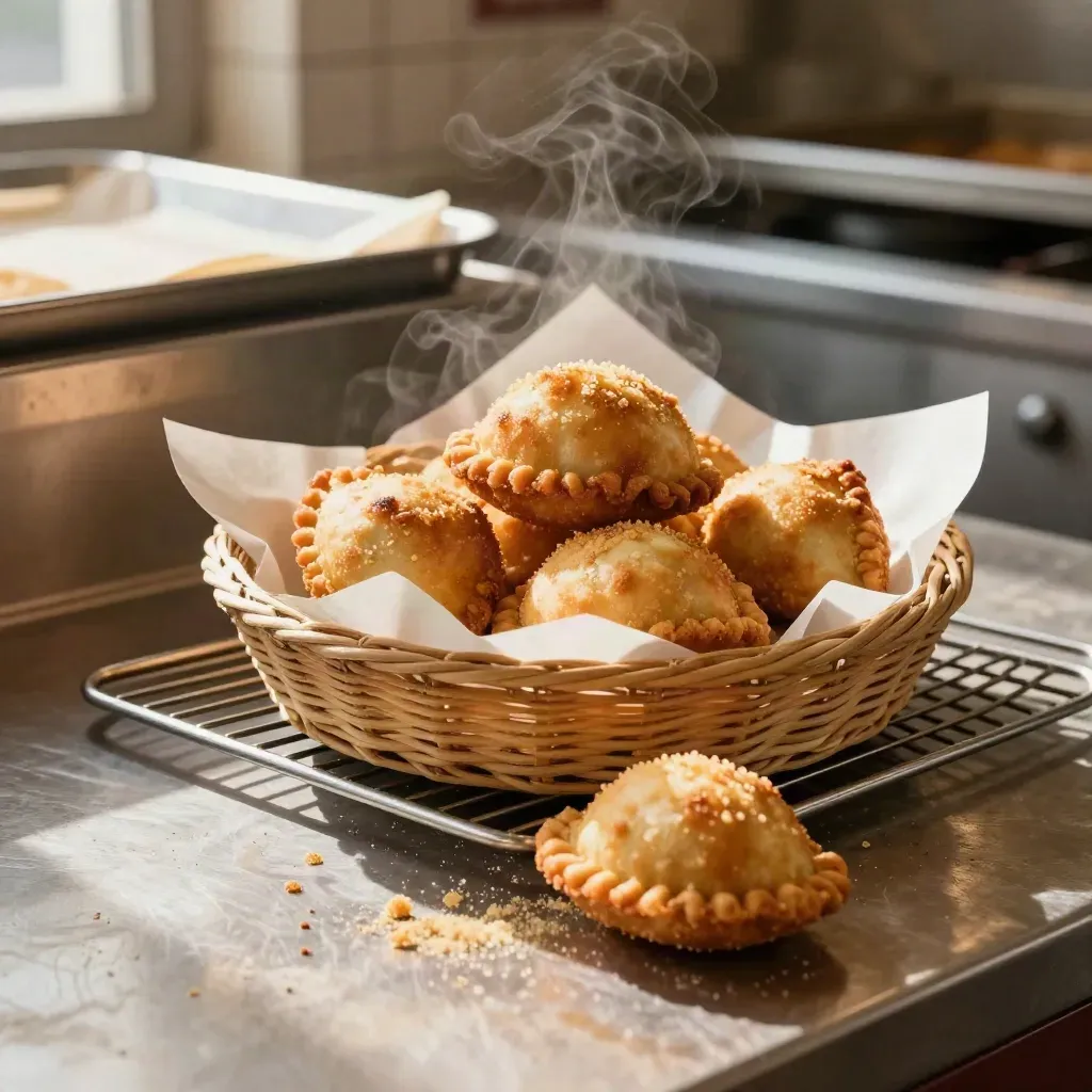 Panzerotti fritti dorati su griglia metallica con vapore e briciole sul banco.