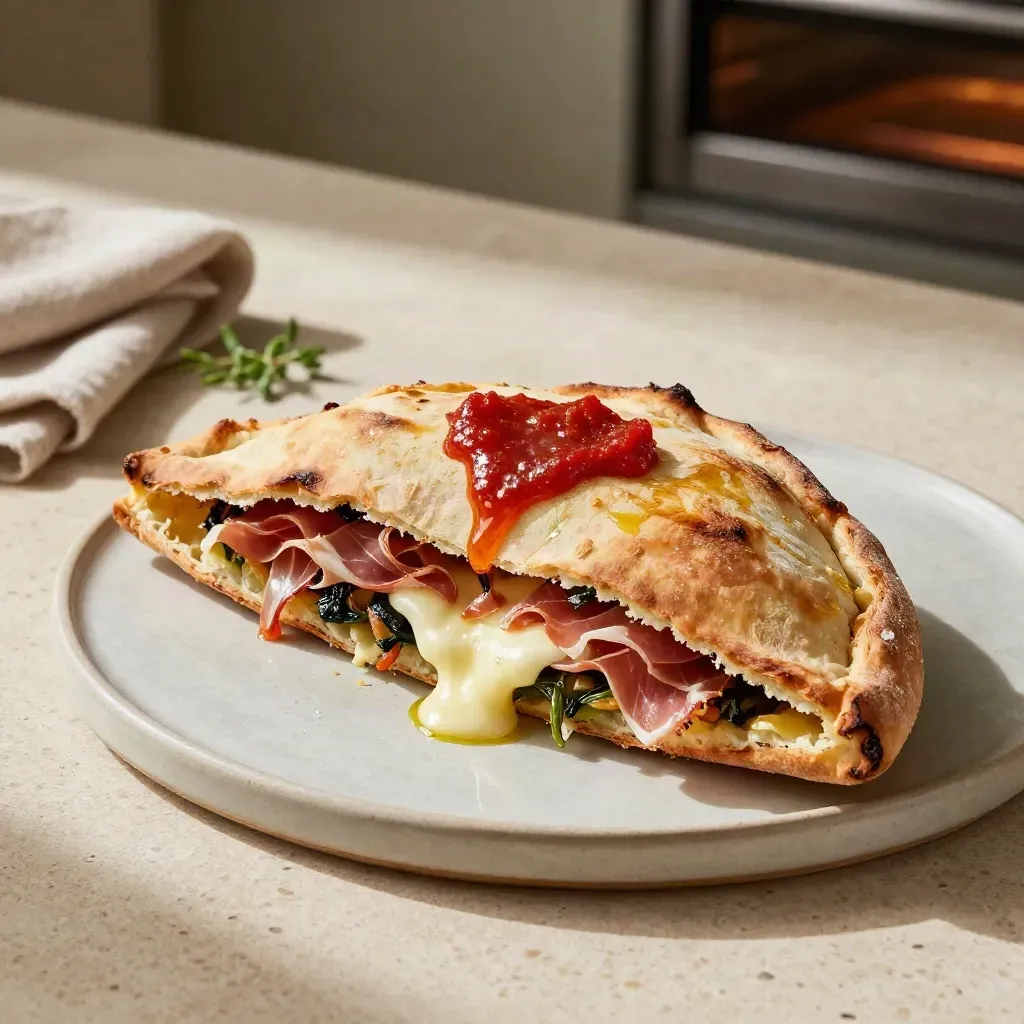 Calzone aperto con mozzarella, prosciutto, verdure e salsa di pomodoro su base in ceramica
