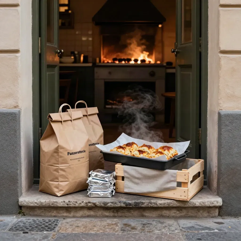 Due sacchetti sigillati e una teglia calda di calzoni all’ingresso, pronti per la consegna serale.