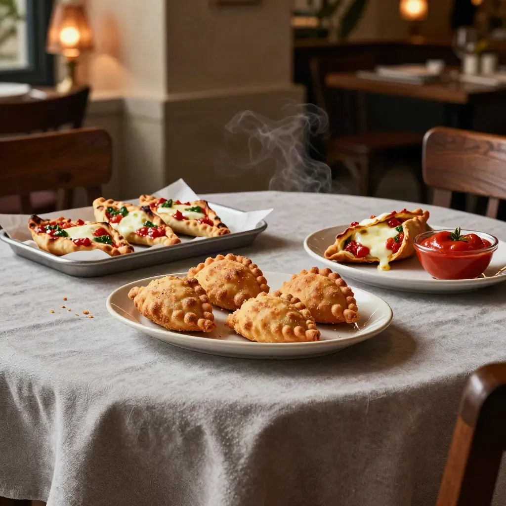 Panzerotti fritti e calzoni al forno su tavola di famiglia, luce calda e lino crema.