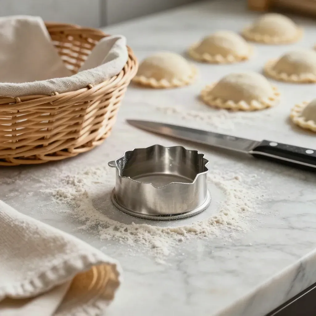 Utensili da cucina per panzerotti su lastra di marmo con farina