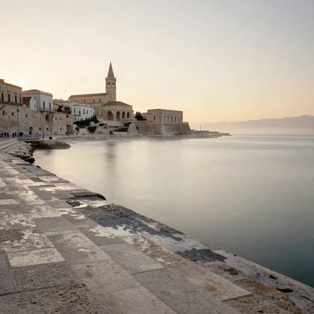 Veduta alta del porto di Bari al tramonto con cattedrale e foschia marina.